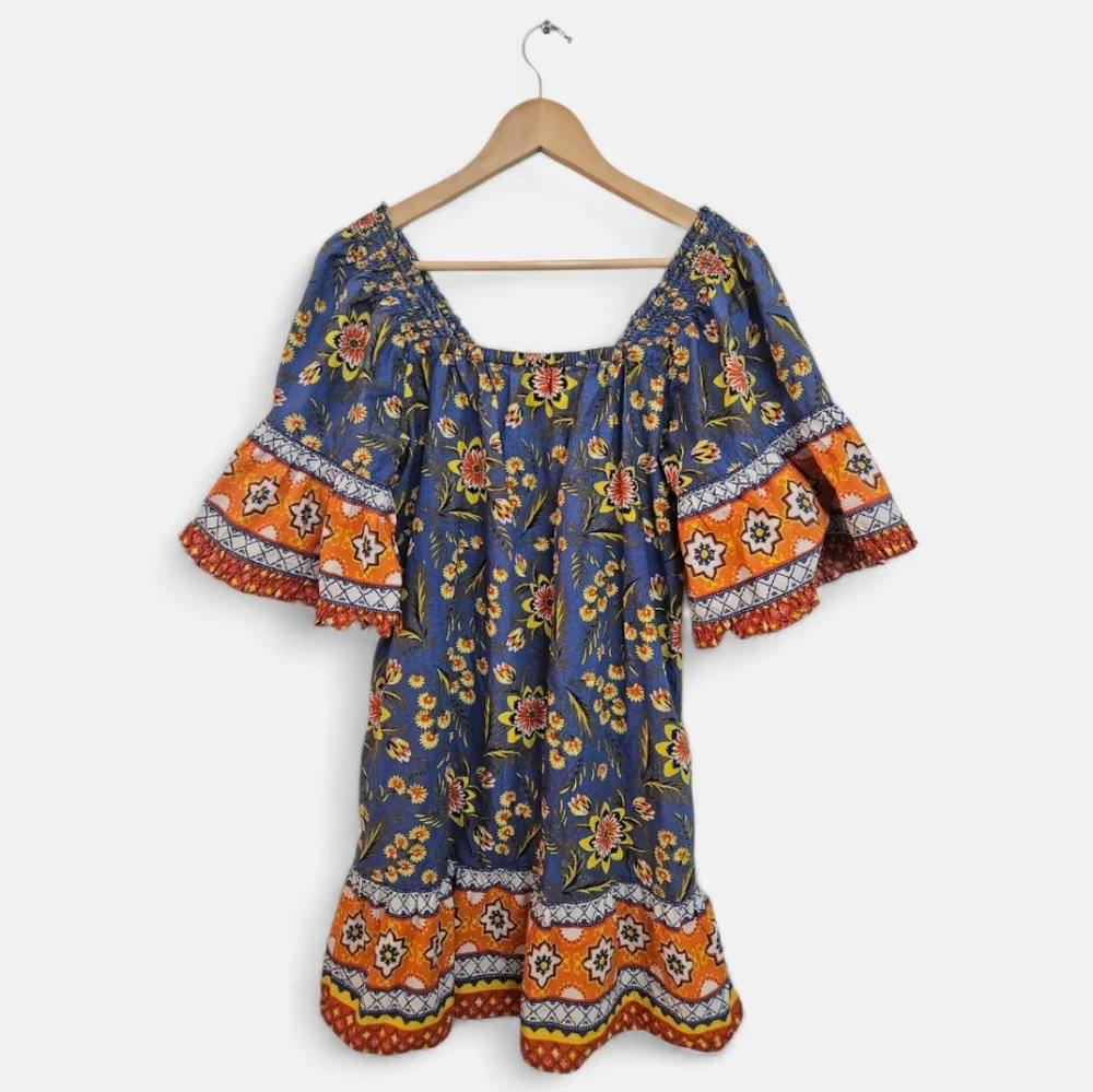Joie Blue Floral‎ Smocked Square Neck Dress Bell Ruffle Sleeve Boho S